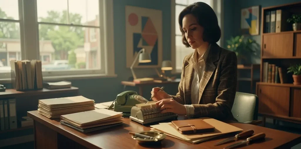 Professional real estate support team managing communications with 1970s analog aesthetic.