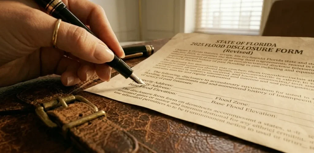 A close-up, shallow depth of field shot of an agent's hand holding a pen. Pointing at a 2025 revised Florida flood risk disclosure form on a worn marble table.