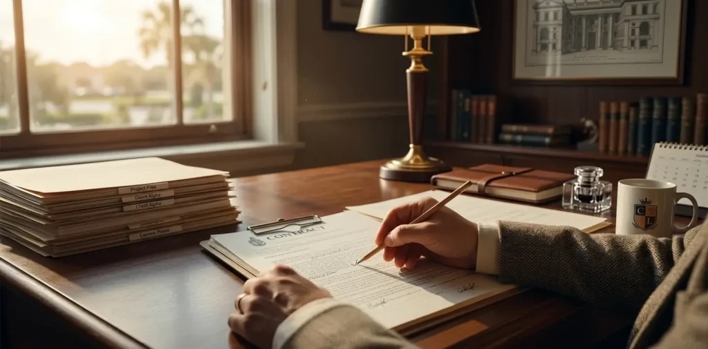 Close-up of transaction coordinator reviewing Florida real estate contracts with meticulous focus.