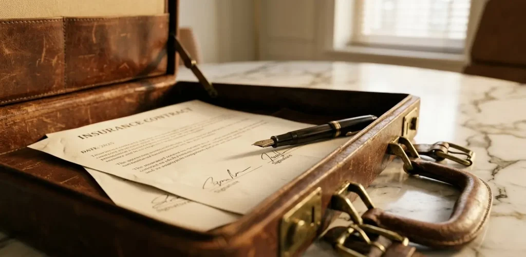 Textured close-up of a weathered leather briefcase showing premium details, a vintage fountain pen, and soft-focus newly signed insurance contracts (binding).