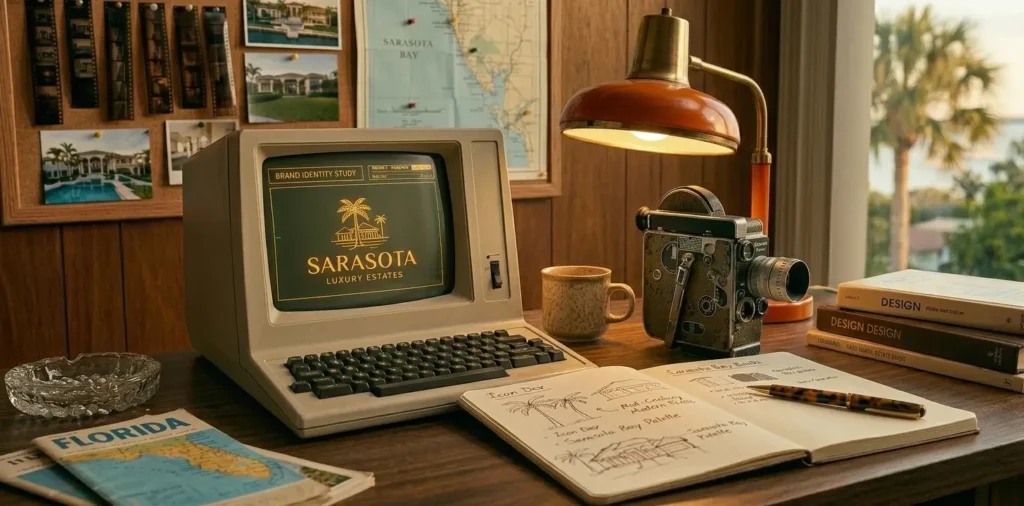 A professional creative workspace showing a laptop with real estate branding and a professional camera.