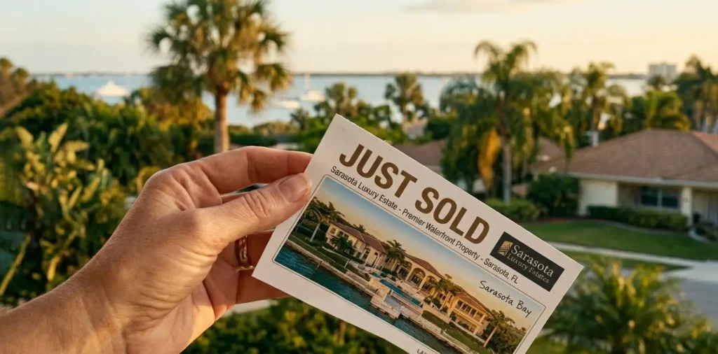 A close-up of a professional 'Just Sold' real estate flyer being placed on a community board in a luxury Florida neighborhood.