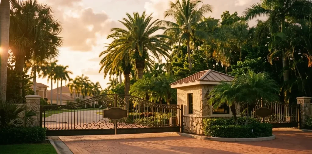 Exclusive gated community entrance in Florida representing privacy and high-end security.