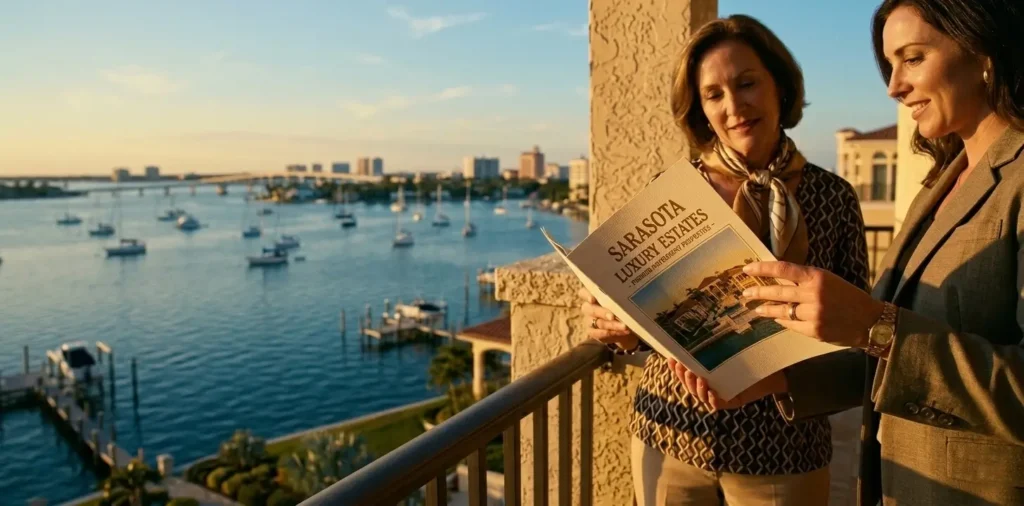Close-up of a high-quality real estate brochure being presented by an agent to a smiling homeowner overlooking a Florida bay.
