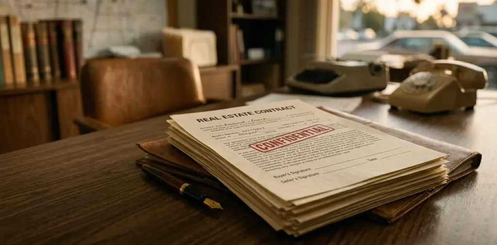 Confidential real estate contract on a vintage desk representing high-stakes Florida property deals.