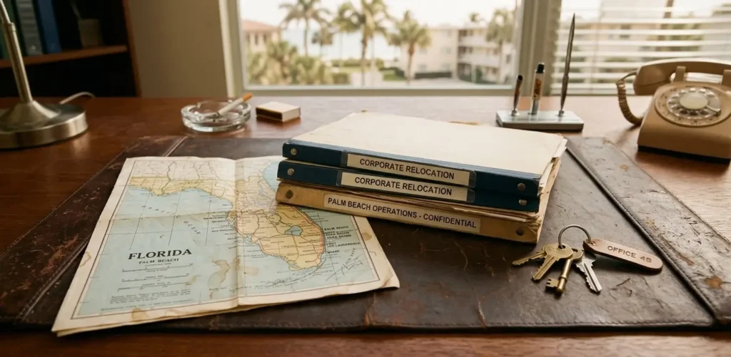 A close-up of a relocation folder, airline tickets, and a stack of corporate relocation documents on a leather desk pad.