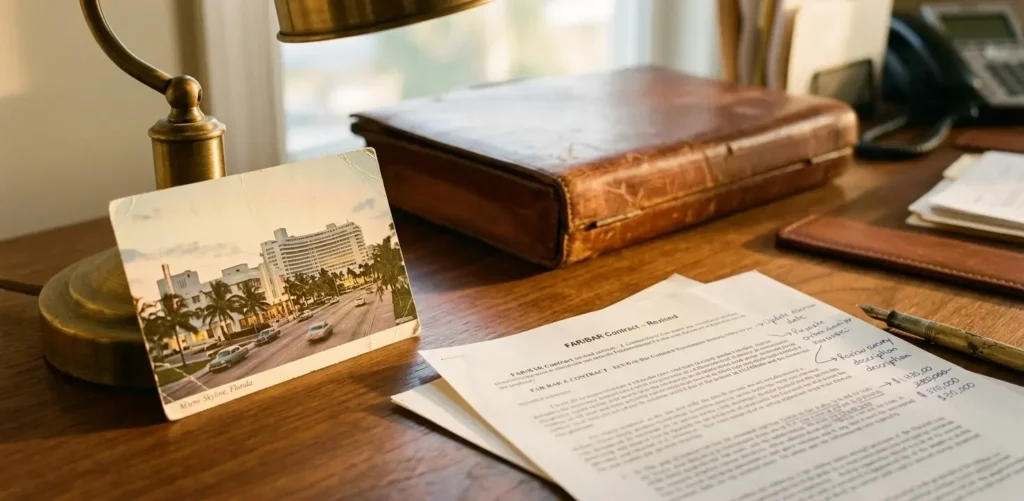 A vintage 1970s postcard of Miami skyline resting on a worn leather desk pad with a handwritten contract nearby.