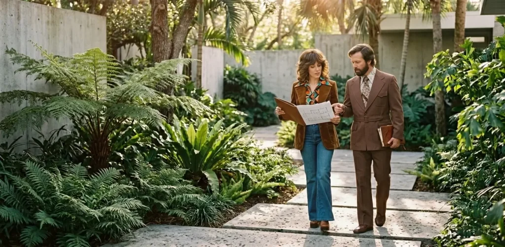 A Florida real estate agent and a client walking through a secluded, modern tropical estate.