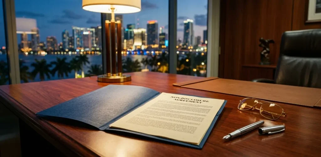 A professional workspace in a Miami high-rise showing a confidential real estate closing file.