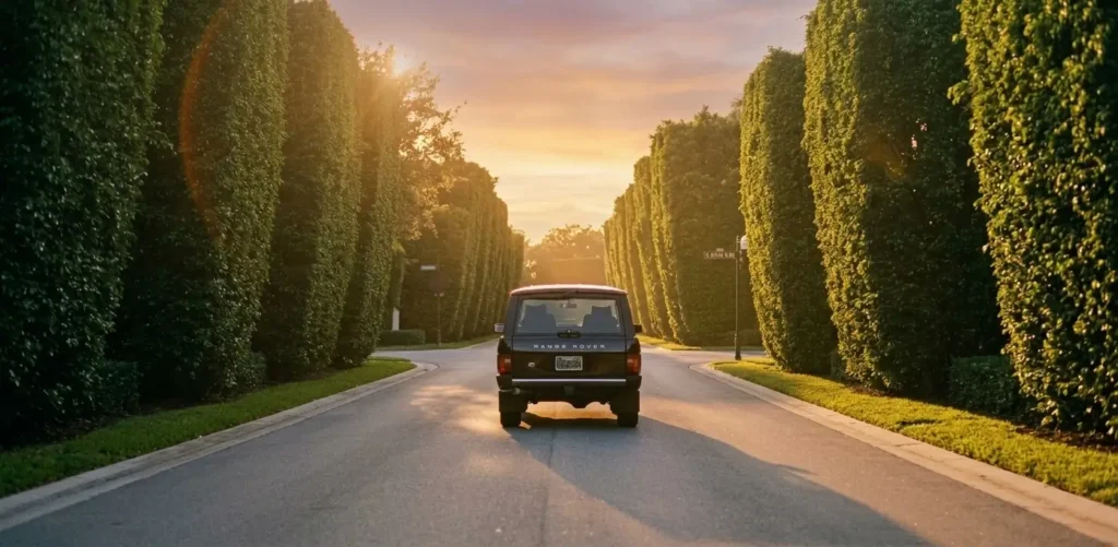 A luxury SUV driving down a palm-lined street in South Ocean Boulevard during golden hour.