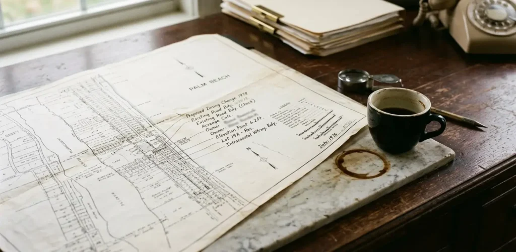 A close-up of a vintage leather portfolio and a Florida land survey map showing subdivided lots.