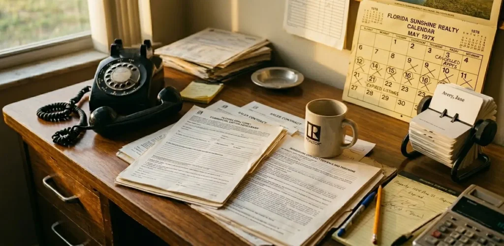 Vintage close‑up of a neglected desk with a ringing rotary phone and scattered, unsigned transaction documents.